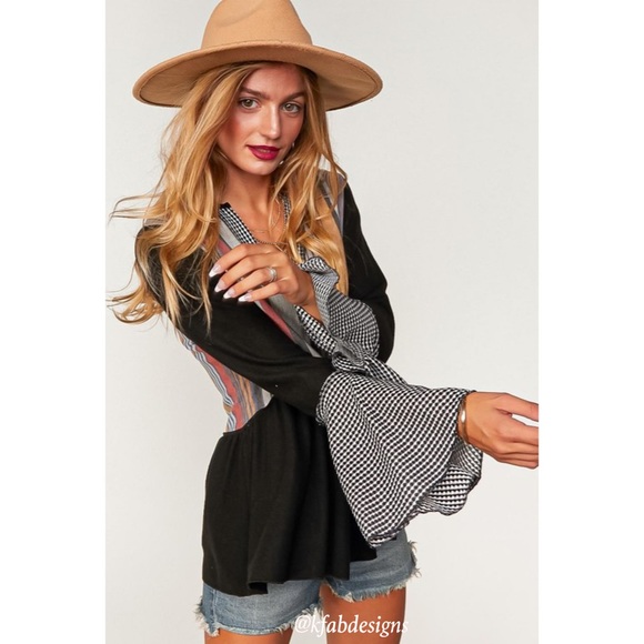 LAST 1! V Neck So Soft Multi Color Block French Terry Ruffle Sleeves and Hem Top - Picture 3 of 8